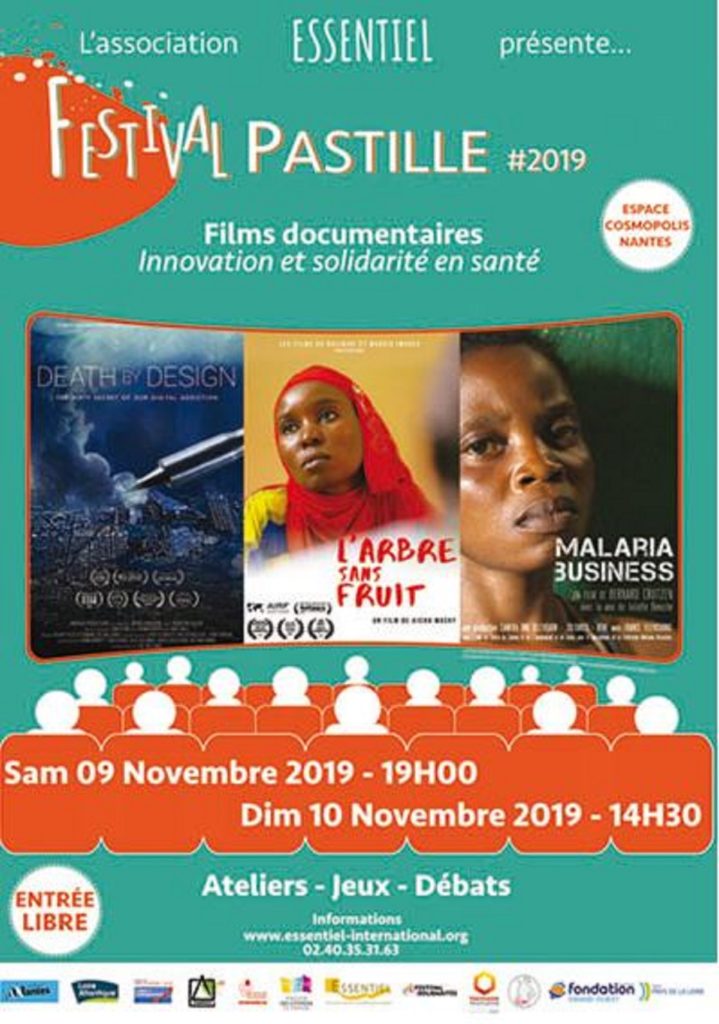 Affiche du Festival Pastille 2019. Festival de Films documentaires sur l'international : Innovation et Solidarité en Santé. 