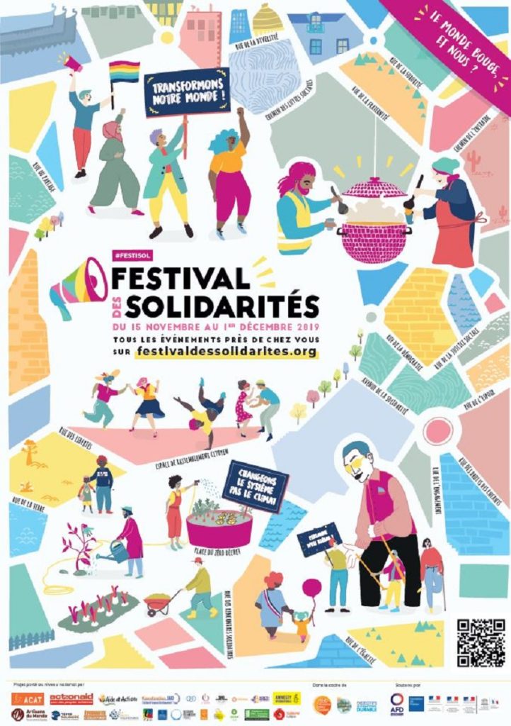 Affiche 2019 du Festival des Solidarités. Festival de promotion de solidarité au niveau local, national et international. 